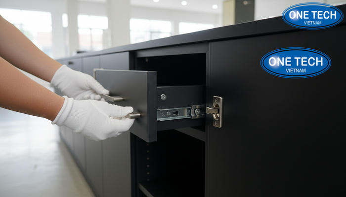 Kiểm tra bản lề và ray trượt của tủ kệ trưng bày yến sào Kiểm tra bản lề và ray trượt của tủ kệ trưng bày yến sào