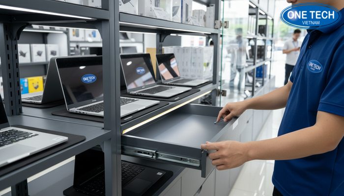 Minh họa kiểm tra bản lề ray kéo khóa và đèn LED trên kệ trưng bày laptop