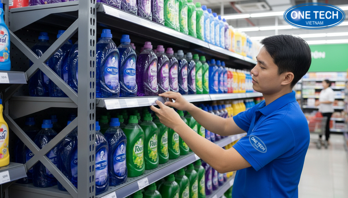 Bảo trì kệ trưng bày nước giặt Kiểm tra ốc ngàm và phân bổ tải trọng khi trưng bày chai nước giặt nặng