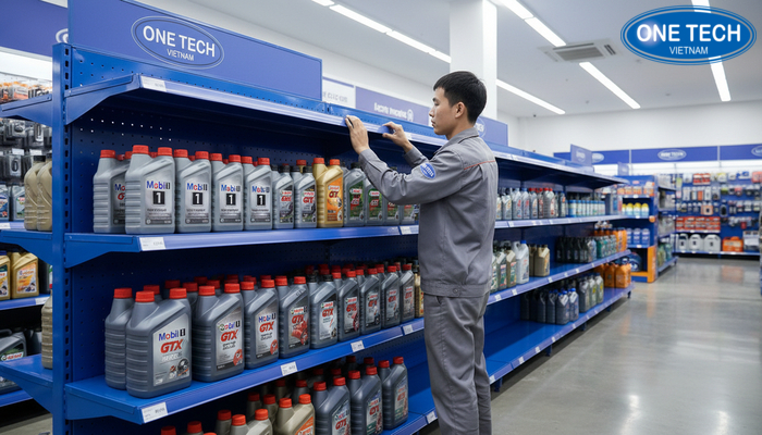 Lắp đặt kệ trưng bày dầu nhớt tại cửa hàng khách hàng