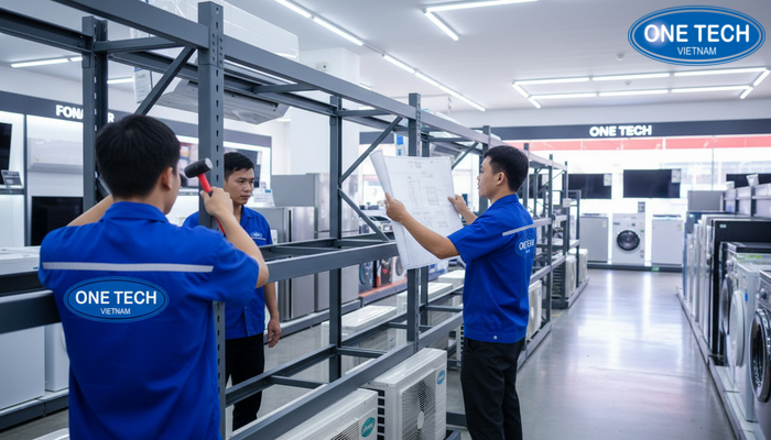 Hình ảnh lắp đặt kệ trưng bày điều hoà tại cửa hàng thực tế