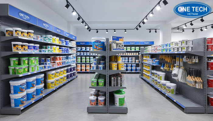 Layout cửa hàng sơn với kệ áp tường và kệ đôi ở giữa