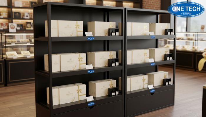 Mẫu 4 kệ có ngăn chứa phụ kiện tem nhãn yến sào Mẫu 4 kệ có ngăn chứa phụ kiện tem nhãn yến sào