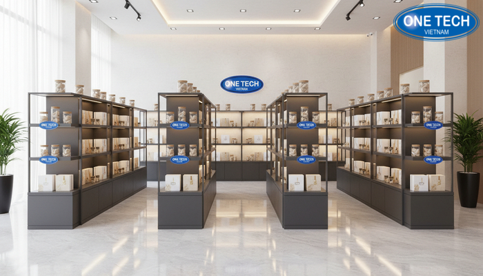 Mẫu 8 kệ đảo giữa nhà cho showroom yến sào Mẫu 8 kệ đảo giữa nhà cho showroom yến sào