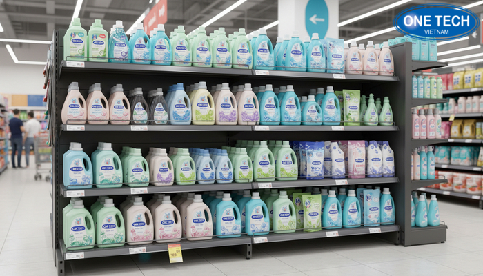 Kệ đứng trưng bày nước giặt nhiều tầng Mẫu kệ đứng nhiều tầng trưng bày nước giặt và nước xả vải