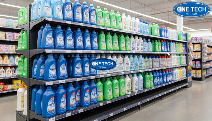 Kệ ngang mâm sâu trưng bày nước giặt Kệ ngang mâm sâu phù hợp trưng bày chai nước giặt dung tích lớn
