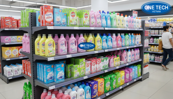 Mau ke trung bay nuoc giat OneTech thiet ke linh hoat