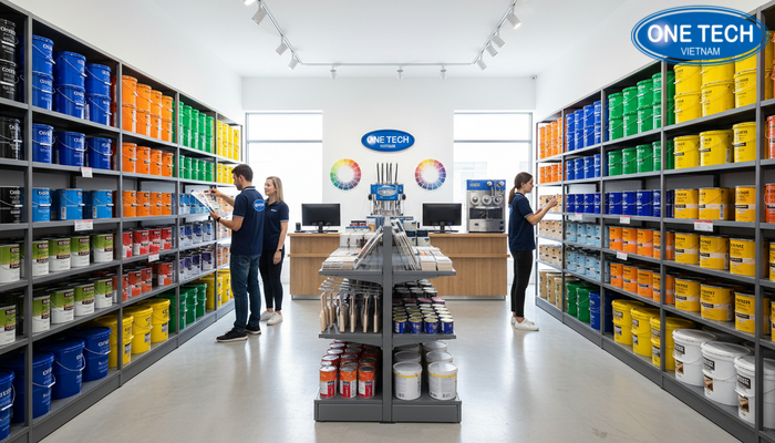 Mẫu thiết kế cửa hàng sơn đẹp với kệ trưng bày gọn, lối đi rộng