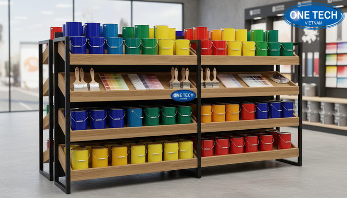 Mẫu thiết kế showroom sơn với kệ khung sắt mâm gỗ tạo điểm nhấn