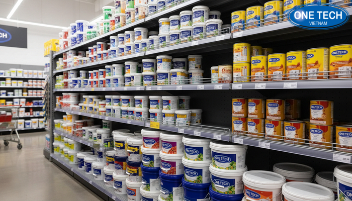 Mẫu bố trí kệ siêu thị trưng bày sơn theo phân khu dung tích