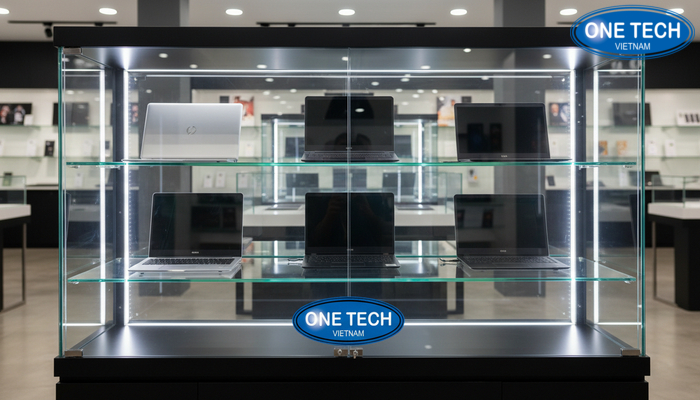 Mẫu tủ kính trưng bày laptop có đèn LED trong showroom
