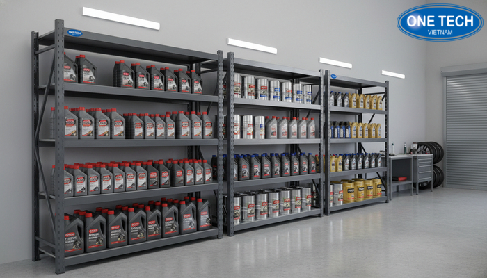 Ví dụ mô hình cửa hàng và gara với kiểu kệ trưng bày dầu nhớt phù hợp