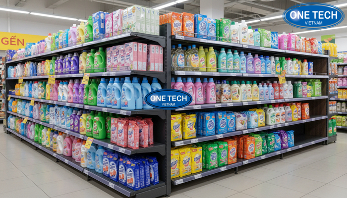 Vật liệu kệ trưng bày nước giặt Phân biệt vật liệu kệ trưng bày nước giặt: sắt sơn tĩnh điện inox nhựa PVC gỗ MDF