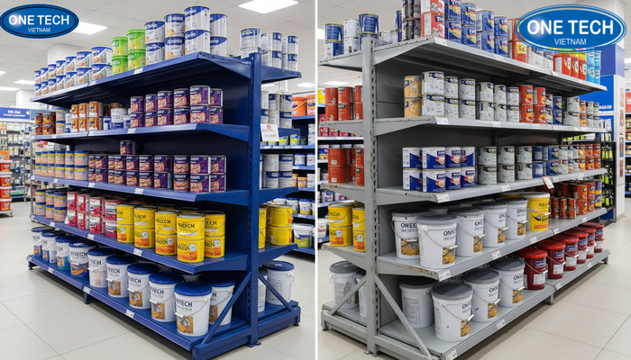 So sánh kệ kém chất lượng và kệ chuẩn cho trưng bày sơn nước