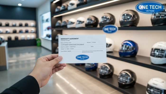 Minh họa phiếu bảo hành và thông tin bàn giao kệ trưng bày nón bảo hiểm
