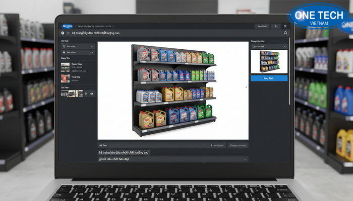 Minh họa tối ưu alt và title cho ảnh kệ trưng bày dầu nhớt
