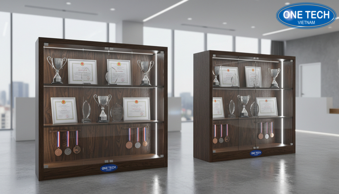 Kệ trưng bày bằng khen có đèn LED và không có đèn So sánh kệ trưng bày bằng khen có đèn LED và kệ không đèn