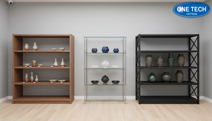 So sánh chất liệu kệ trưng bày gốm sứ So sánh kệ gỗ, kệ kính và kệ sắt sơn tĩnh điện trưng bày gốm sứ