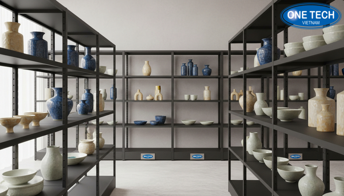 Chọn kích thước kệ trưng bày gốm sứ theo sản phẩm So sánh kích thước kệ và sản phẩm gốm sứ đặt trên kệ