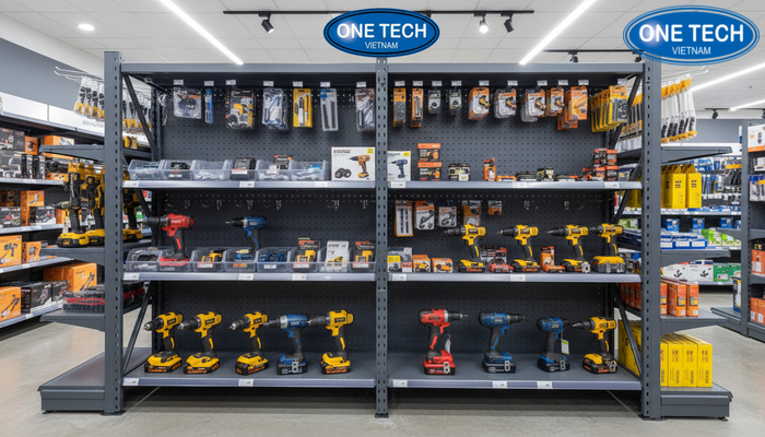 Tiêu chí lựa chọn kệ trưng bày máy khoan Minh họa tiêu chí chọn kệ trưng bày máy khoan theo tải trọng và thiết kế