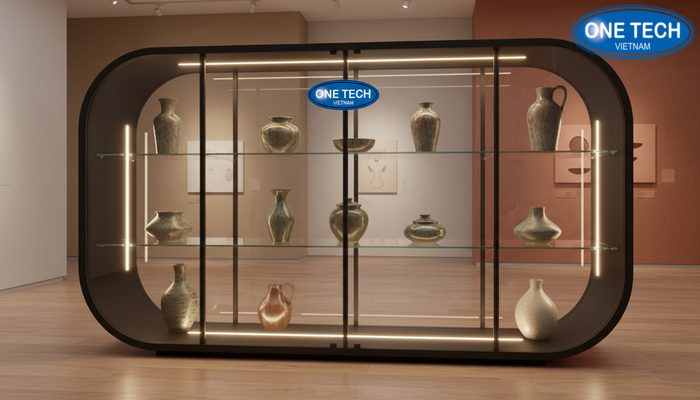 Tủ kính trưng bày gốm sứ chống bụi Tủ kính trưng bày gốm sứ dạng tủ đẩy