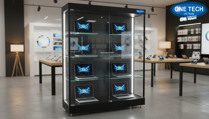 Tủ trưng bày laptop kính có đèn LED và khóa bảo mật