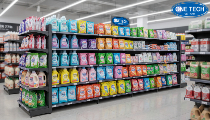 Kệ trưng bày nước giặt cho cửa hàng tạp hóa Ứng dụng kệ trưng bày nước giặt trong cửa hàng tạp hóa gọn và dễ lấy