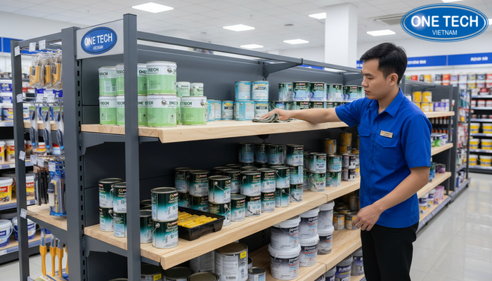 Vệ sinh kệ trưng bày sơn nước bằng khăn mềm để bảo vệ lớp sơn phủ