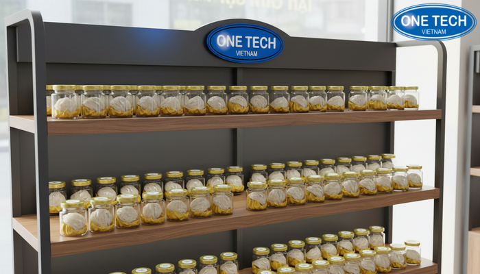 Cá nhân hóa logo thương hiệu trên kệ trưng bày yến sào Cá nhân hóa logo thương hiệu trên kệ trưng bày yến sào
