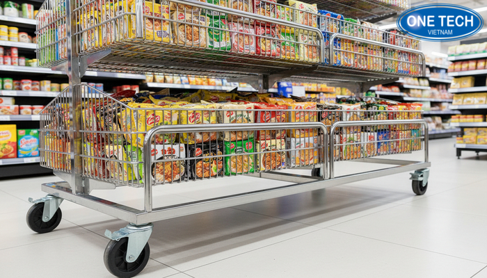 Bánh xe và gờ chắn chống rơi hàng cho kệ rổ mì