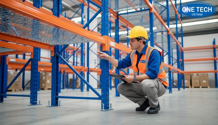 Minh họa kiểm tra chốt beam và chân trụ khi bảo dưỡng kệ pallet