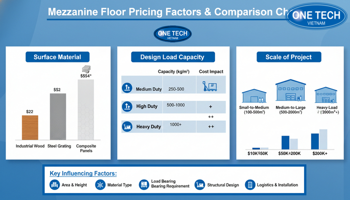 Biểu đồ so sánh giá kệ sàn Mezzanine theo vật liệu và tải trọng thiết kế