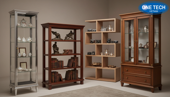Bộ sưu tập mẫu kệ trưng bày đồ cổ Tổng hợp nhiều mẫu kệ và tủ kính trưng bày đồ cổ với kiểu dáng khác nhau