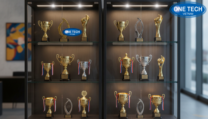 Bố trí kệ trưng bày cúp với đèn spotlight giúp nổi bật chi tiết