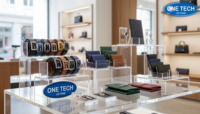 Kệ trưng bày thắt lưng tiện lợi Nhiều mẫu kệ mica trưng bày phụ kiện đa dạng tại cửa hàng