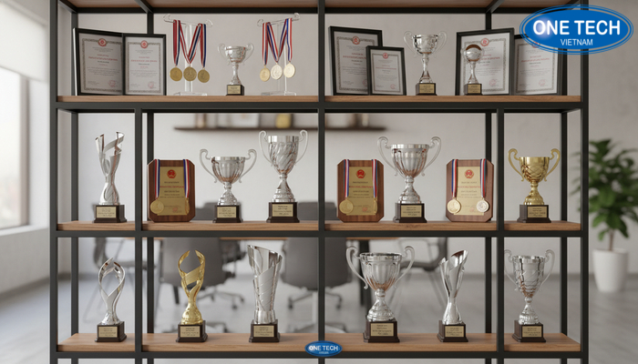 Cách bố trí cúp, huy chương và bằng khen khoa học trên kệ