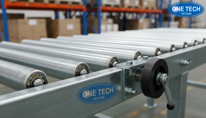 Cấu tạo con lăn và cơ cấu kiểm soát tốc độ Cận cảnh con lăn, vòng bi và cụm phanh trong hệ kệ con lăn