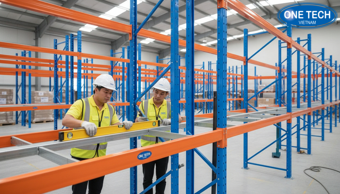 Cân chỉnh ray kệ drive in Kỹ thuật cân chỉnh ray đỡ pallet và ray dẫn hướng trong kệ drive in