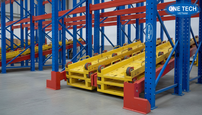 Cấu trúc chi tiết kệ Push Back gồm khung cột, beam, ray trượt, xe đẩy và chặn an toàn