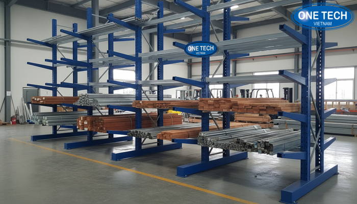 Minh họa cấu tạo kệ tay đỡ gồm cột đứng tay đỡ thanh giằng và chân đế