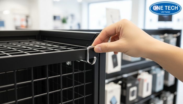 Cơ chế tháo lắp móc treo trên kệ khung lưới treo phụ kiện