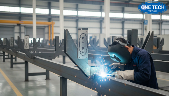 Minh họa công nghệ hàn và sơn tĩnh điện trong sản xuất kệ sắt công nghiệp chịu tải