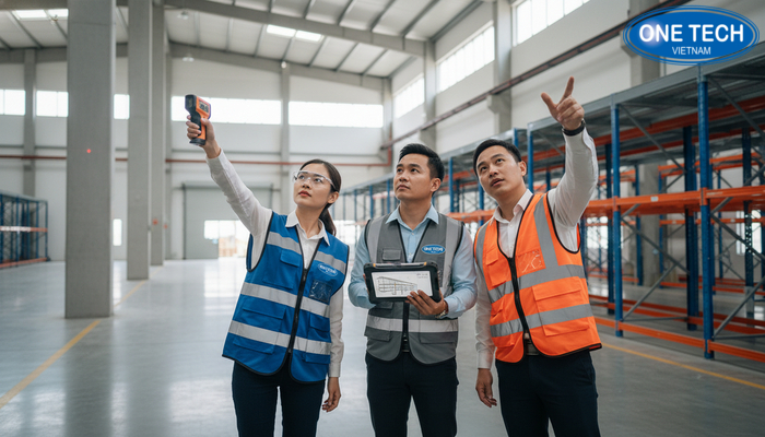 Đội ngũ kỹ sư OneTech khảo sát kho để thiết kế kệ sàn Mezzanine phù hợp