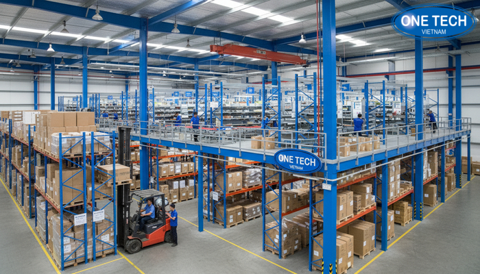 Ảnh thực tế phân vùng lưu trữ theo tầng khi lắp kệ sàn Mezzanine trong kho hàng