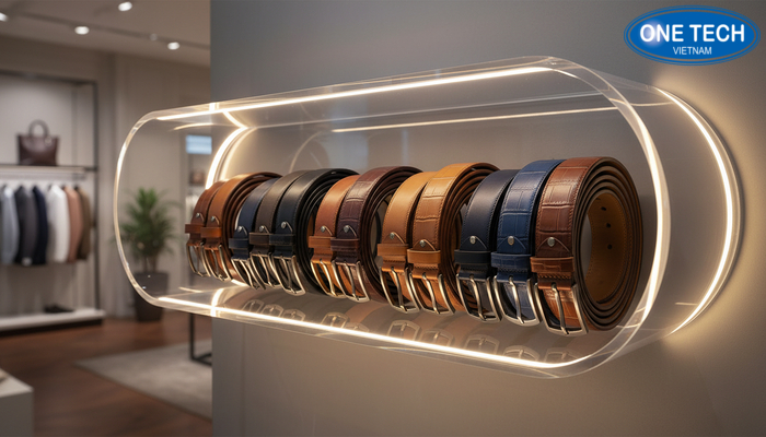 Kệ mica đa năng trưng bày thắt lưng trong không gian cửa hàng Hiệu ứng ánh sáng giúp kệ mica trưng bày thắt lưng nổi bật và sang hơn