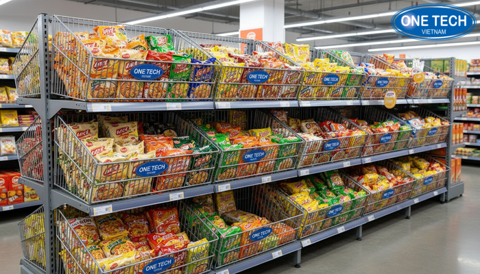 Hướng dẫn sắp xếp mì gói theo từng rổ trên kệ rổ mì