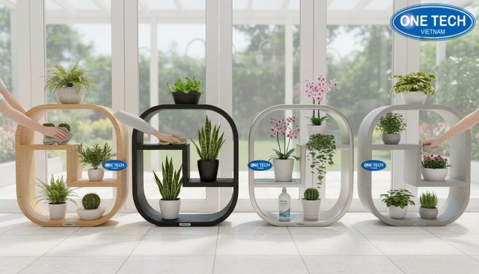 Minh họa cách vệ sinh kệ trưng bày cây cảnh theo từng chất liệu