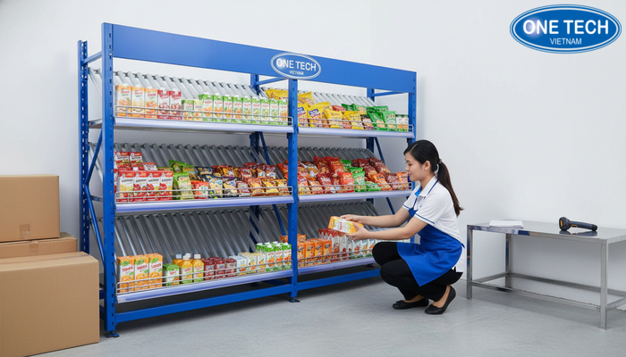 Kệ con lăn mini cho không gian giới hạn Kệ con lăn mini dùng trong kho nhỏ của siêu thị, hỗ trợ bổ sung hàng nhanh