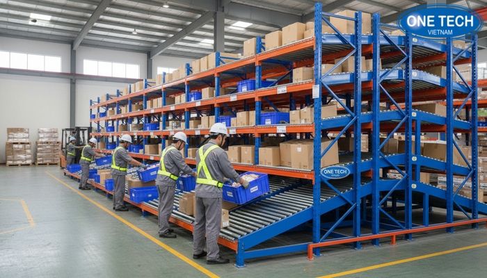 Ứng dụng kệ con lăn trong kho hàng tại Hưng Yên Kệ con lăn triển khai trong kho hàng thực tế tại Hưng Yên giúp tối ưu picking