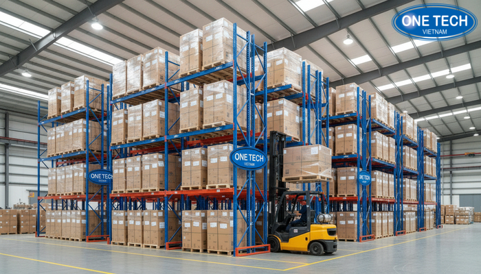 Ứng dụng kệ drive in trong kho sản xuất Kệ drive in sử dụng trong kho thành phẩm nhà máy, lưu trữ pallet đồng nhất theo lô